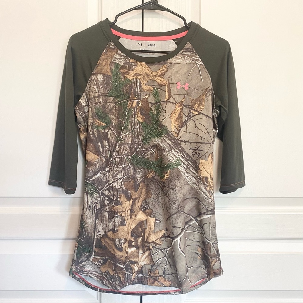 NEW Under Armour REALTREE Camo Heat Gear Hunting Shirt 3/4 Sleeve Womens M